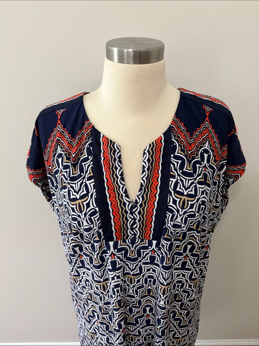 Laundry by Shelli Segal Navy Geometric Split-Neck Dress Red, Orange, Aqua Trim M - Picture 2 of 7